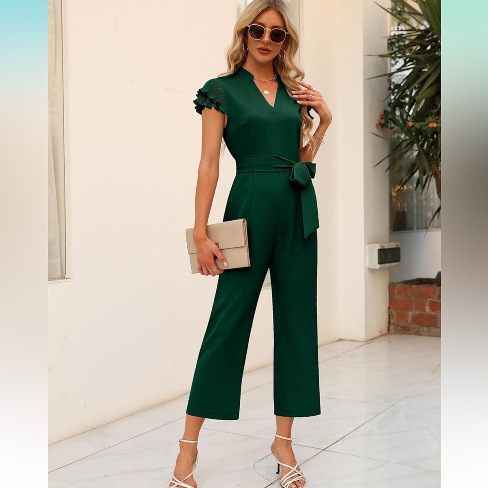 Ruffle Sleeve Jumpsuits Business Casual Jumpsuit Belted V Neck Overalls Pant
